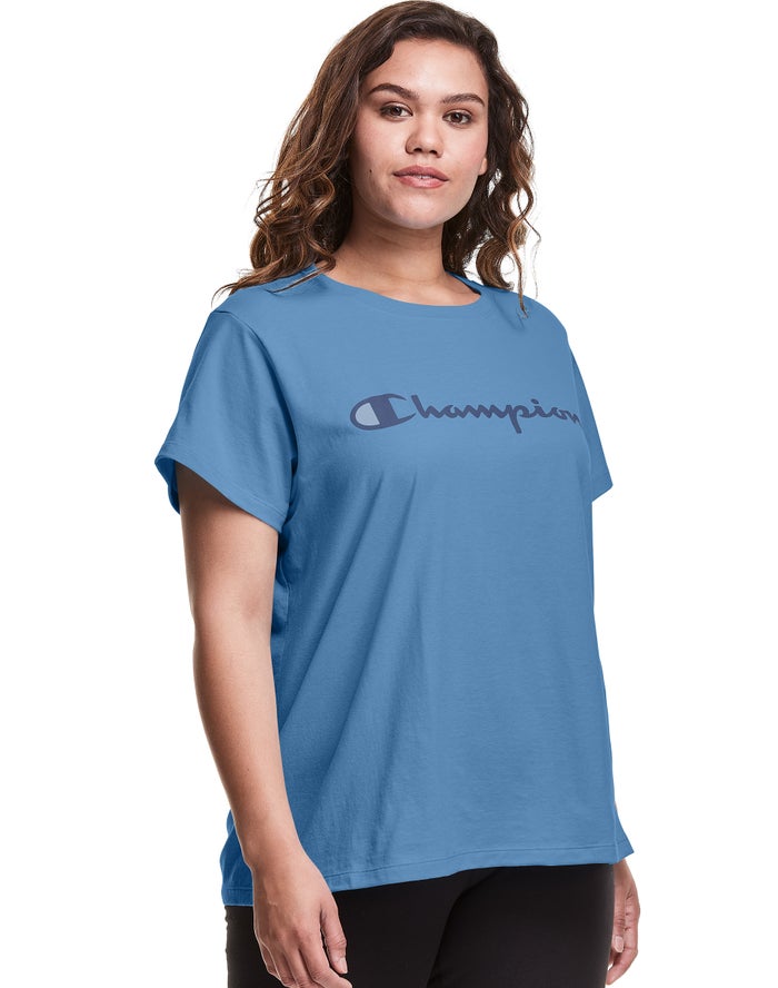 Champion T-Shirt Dames - Blauw - Plus Classic Script Logo ( 043289-HNI )